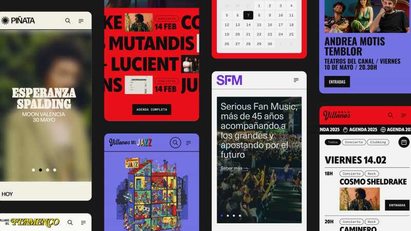 Paseo diseño web SF Music: Villanos del Jazz, Villanos del Flamenco, Piñata Music, Sala Villanos